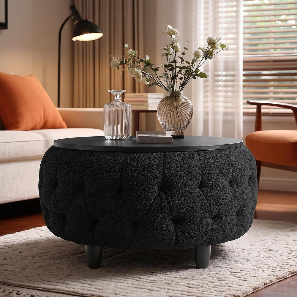 Large Round Storage Ottoman Coffee Table with Wooden Tabletop, 32 Inches Tedd...