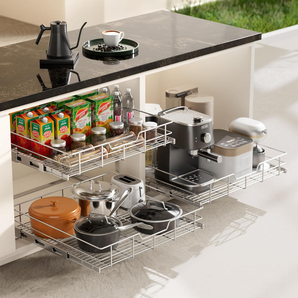 2 Tier Pull Out Cabinet Organizer 11" W X 22" D, Chromed, Full Slid...