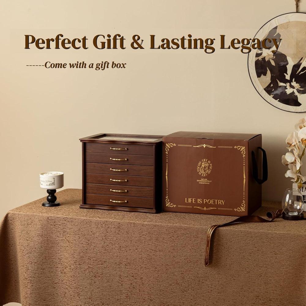 KINTNESS Black Walnut Wooden Jewelry Box - 6 Drawers Solid Wood Large Jewelry...
