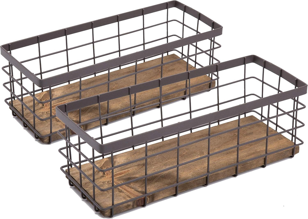 TIEYIPIN Small Metal Wire Storage Basket, Detachable Wood Base Storage Organi...