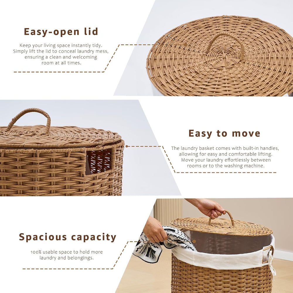 Round Wicker Laundry Hamper with Lid Handwoven Rattan Basket with Handles for...