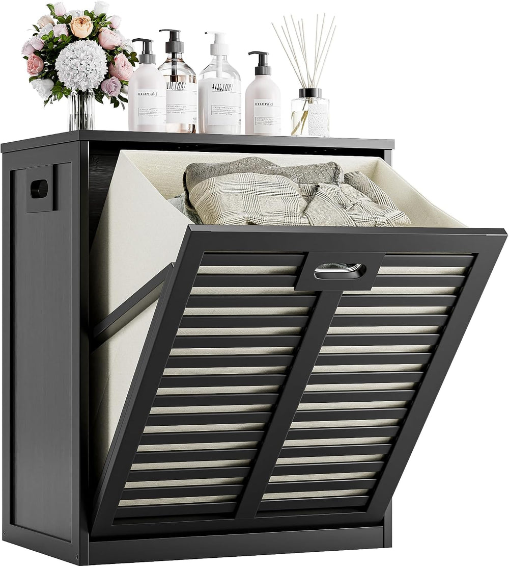 HITNET Tilt Out Laundry Hamper, Bamboo Laundry Cabinet with Pull Out Removabl...