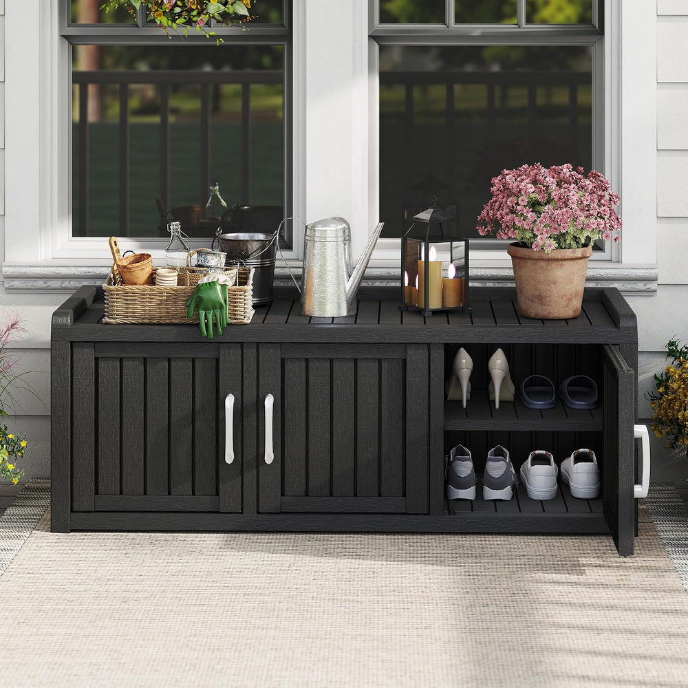2-Tier Storage Bench, Waterproof UV-Resistant Outdoor Shoe Storage Cabinet wi...