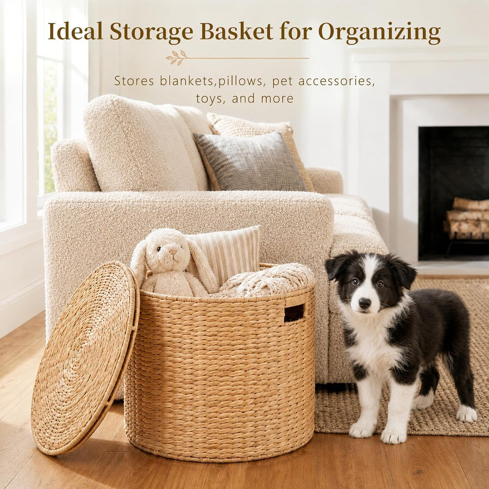 Round Water Hyacinth Storage Ottoman with Lid