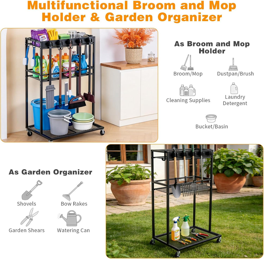 2 Levels Easy-Assembly Broom Holder Cart for Laundry
