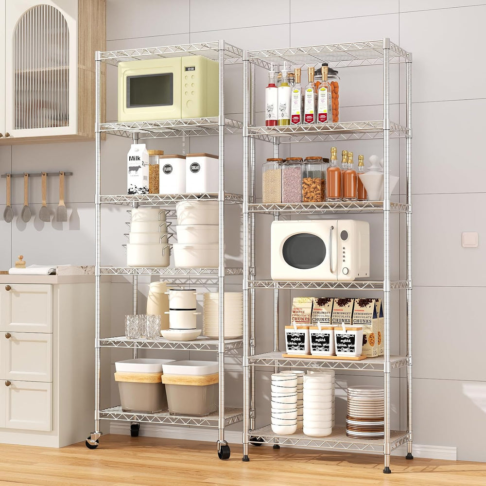 6-Tier Wire Shelving Unit,Metal Shelf Racks with Lockable Wheels,Chrome