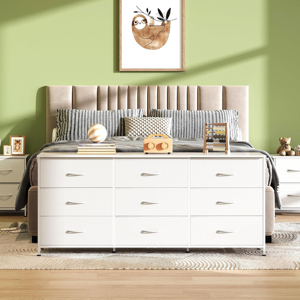 WLIVE Dresser TV Stand for 75 Inch TV, 9 Drawer Dresser for Bedroom, White