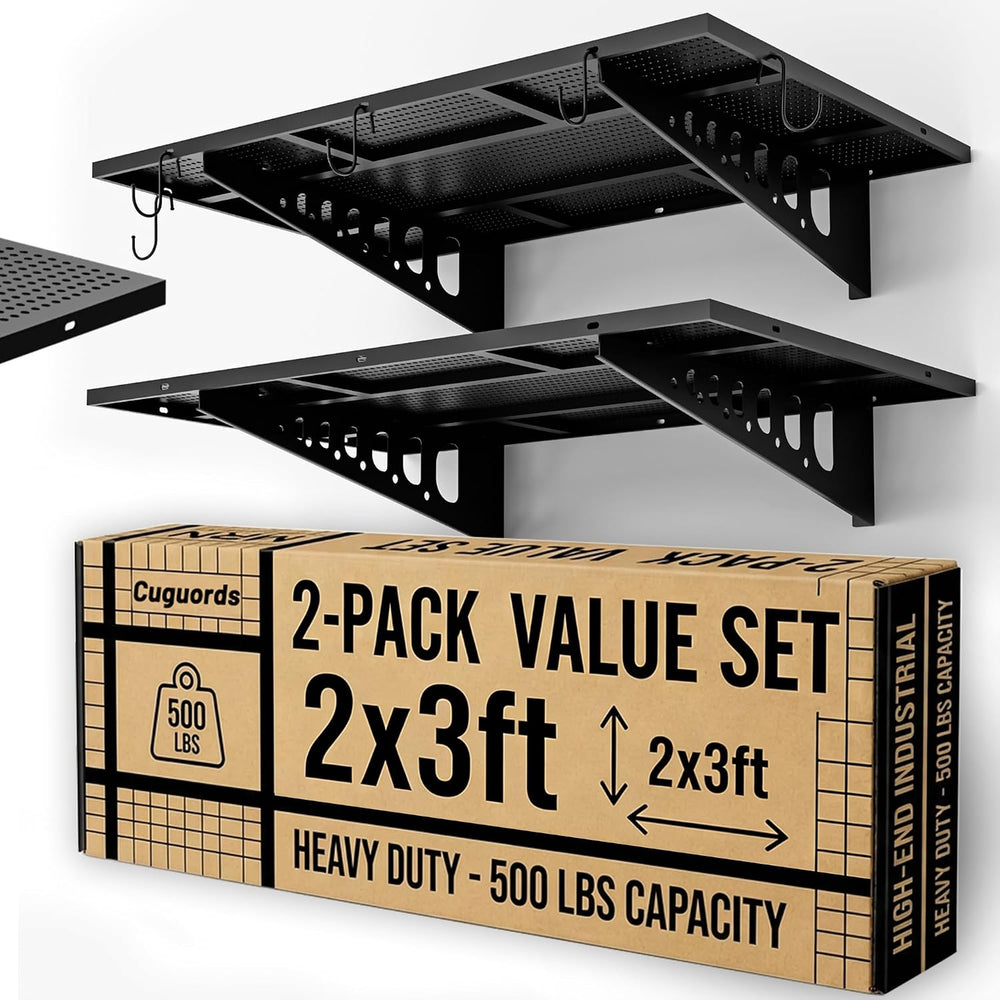 2-Pack 2x3ft Heavy Duty Wall Shelves, 500 Lbs Wall Mounted Garage Shelving Ra...