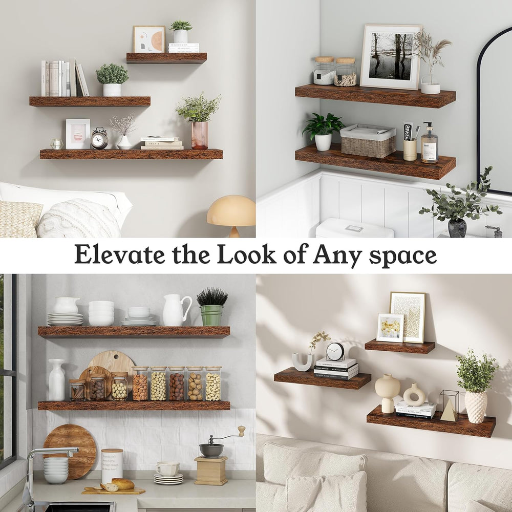 24" Rustic Brown Floating Shelves 12inch Deep Wall Shelf, Set of 2