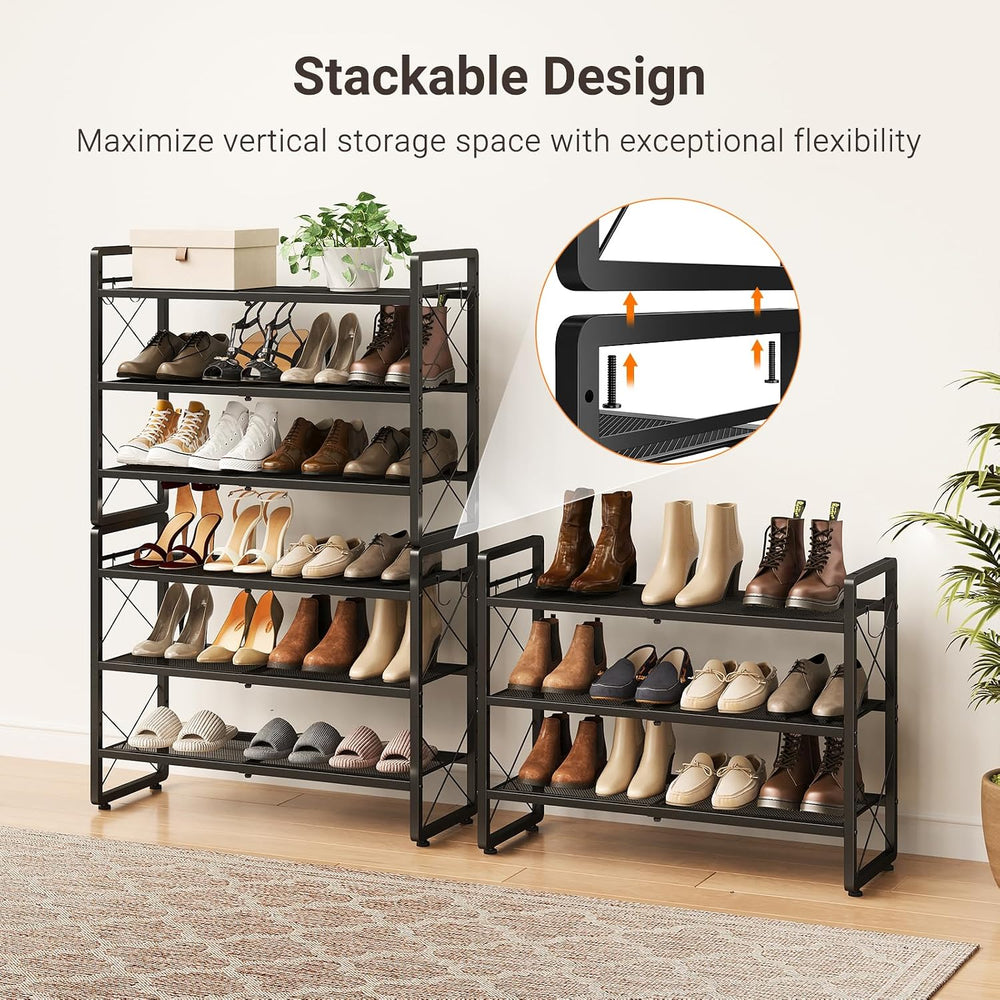 ELYKEN Expandable Shoe Rack for Closet, 6-Tier Metal Black Shoe Organizer