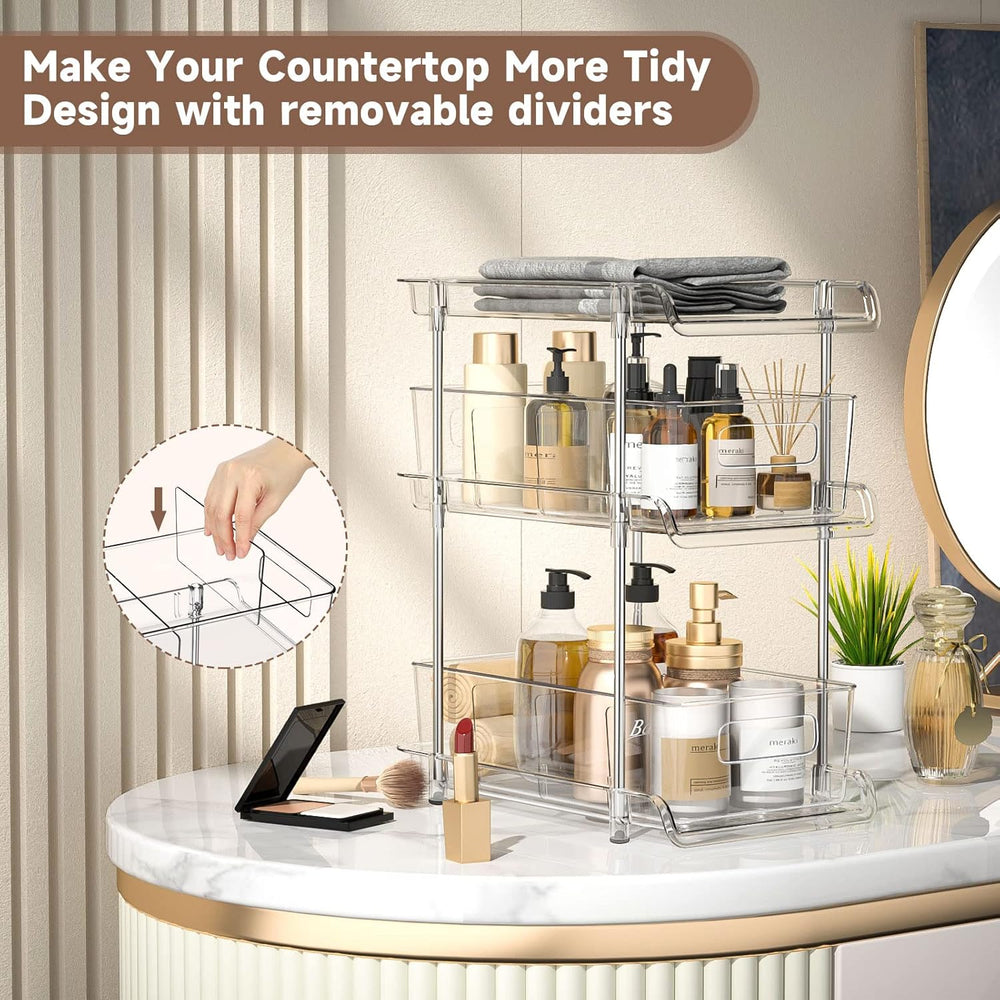2Set 3 Tier Clear Bathroom Organizer with Dividers, Pull-Out Pantry Organizat...