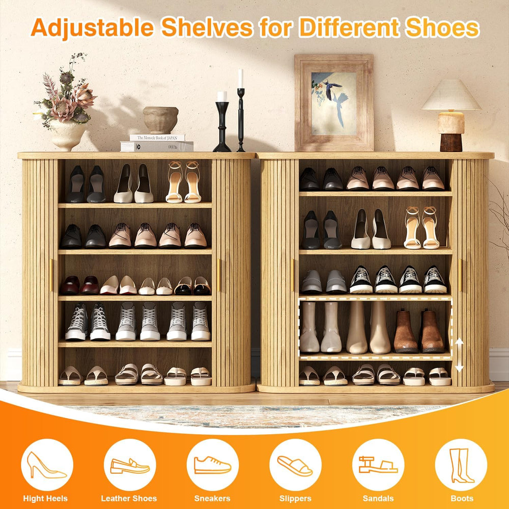 UNIQUITE 5-Tier Sliding Door Shoe Cabinet, Adjustable Shelves Wooden Shoe Sto...