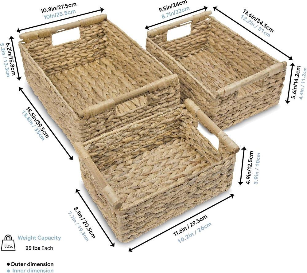 VATIMA Hyacinth Wicker Basket Set 3 size - Rectangular, Wooden Handles, Shelf...