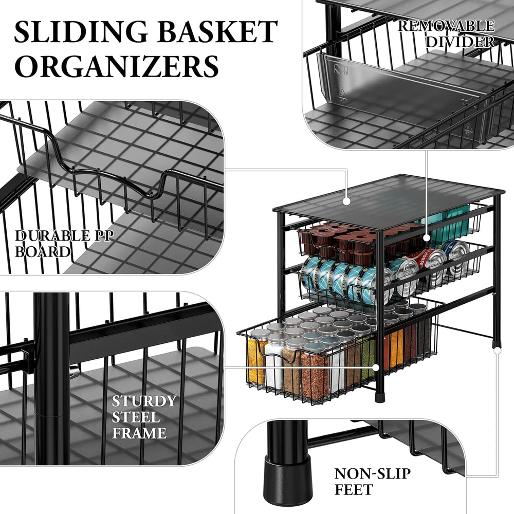 Simple Houseware Stackable 3 Tier Sliding Basket Organizer Drawer, Black