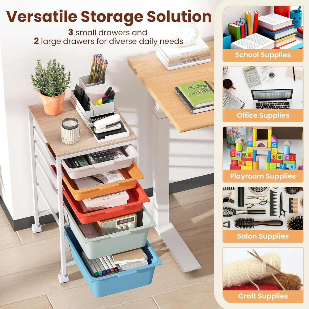 Giantex Rolling Storage Cart with 5 Drawers, Utility Cart w/Wooden Tabletop, ...