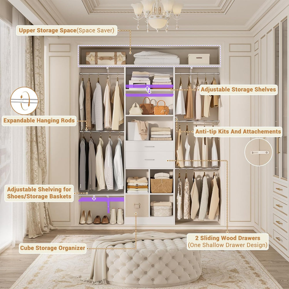 5FT Closet Organizer System with Wooden Drawers, 60 Inches Walk In Closet Sys...