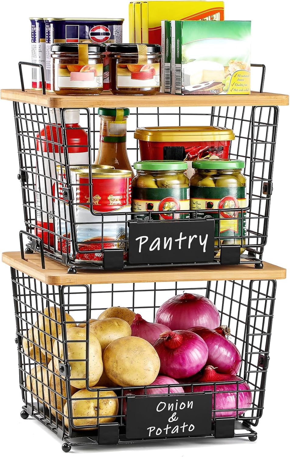 2 Set Large Stackable Wire Basket with Bamboo Tops & Tag- Pantry Organize...