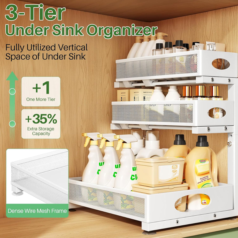 Kitstorack Under Sink Organizer 3-Tier Slide Out Drawer for Bathroom 2-Pack