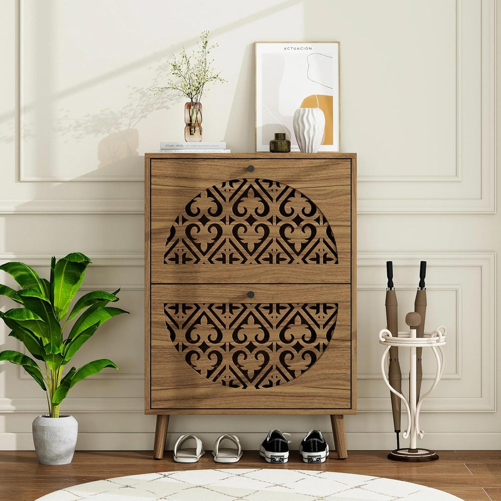 vistavie 6.7" Walnut Ultra-Slim Shoe Cabinet with 2 Flip Drawers,Heart-S...