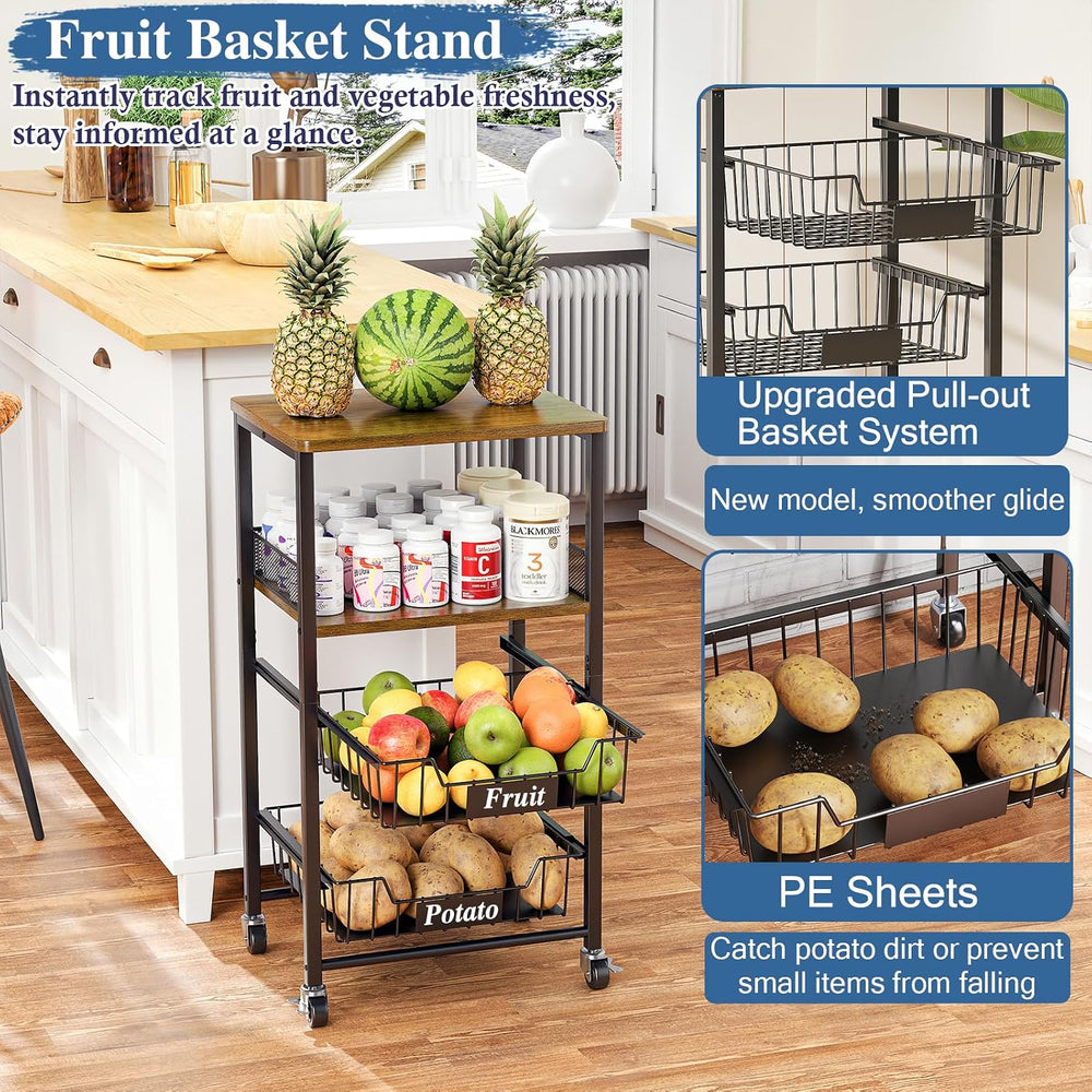 OKZEST 4-Tier Rolling Storage Cart with Upgraded Drawer Basket & Wood Shelf