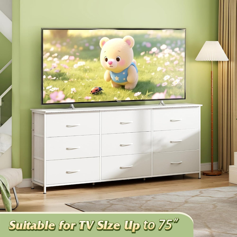 WLIVE Dresser TV Stand for 75 Inch TV, 9 Drawer Dresser for Bedroom, White