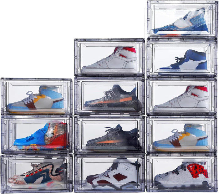 12 Pack Acrylic Clear Shoe Boxes– Ultra Clear Plastic Stackable Sneaker Storage For Sneakerhead. Professional Grade Shoe Display Case with Magnetic Door .Boots and Hat Organizer.Fits US Size 15