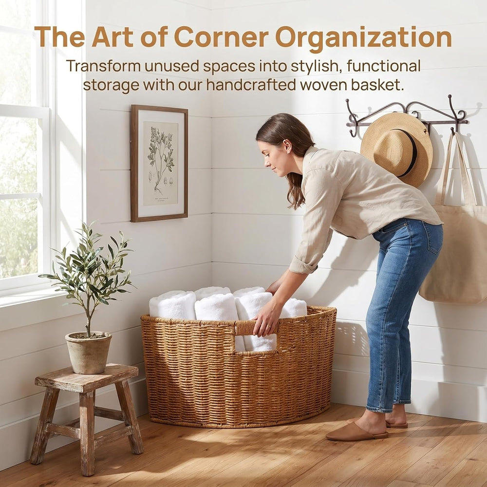 Woven Triangle Corner Storage Basket with Handles Shelf Laundry Basket