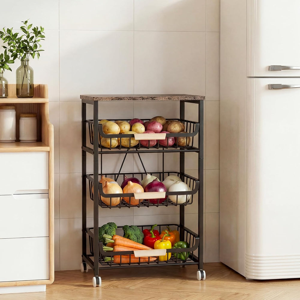 JAQ Fruit Vegetables Carts, 4-Tier Slide Out Metal Storage Baskets Stand Orga...