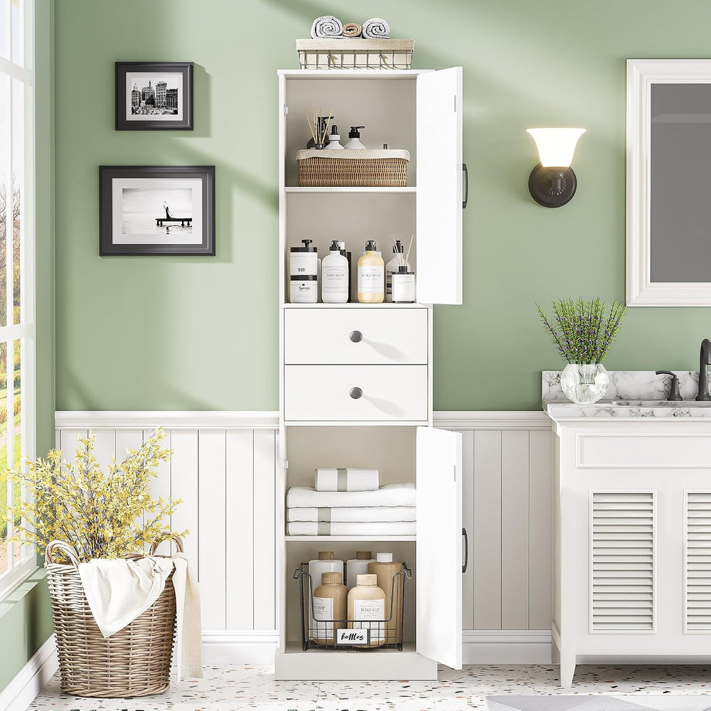 Tall Bathroom Storage Cabinet with 2 Drawers, Farmhouse Narrow Storage Cabine...