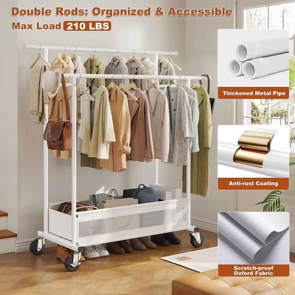 Clothes Rack 210 LBS Double Rods Extra Storage Basket