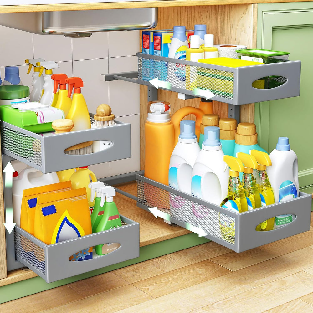 1 Pack Under Sink Organizer, 2 Tier Pull out Cabinet Organizer Mesh Baskets w...
