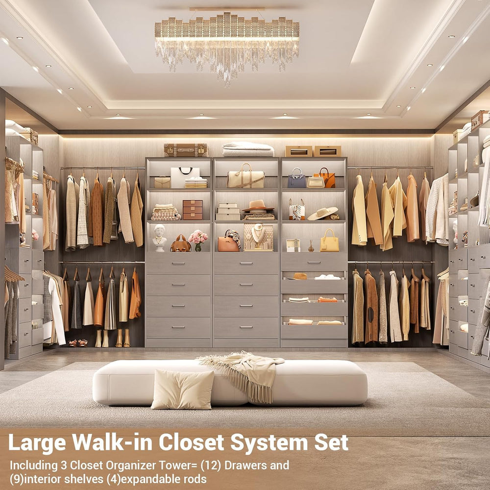 Aheaplus Closet System with 12 Drawers, 8.5-11.5Ft Closet Organizer System