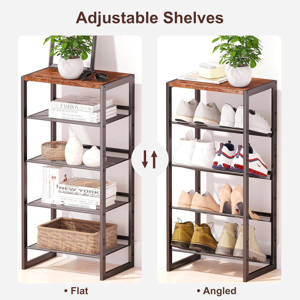 CHEMPFR Narrow 5-Tier Shoe Rack, Slim Space-Saving Shelf with Decorative Wood...