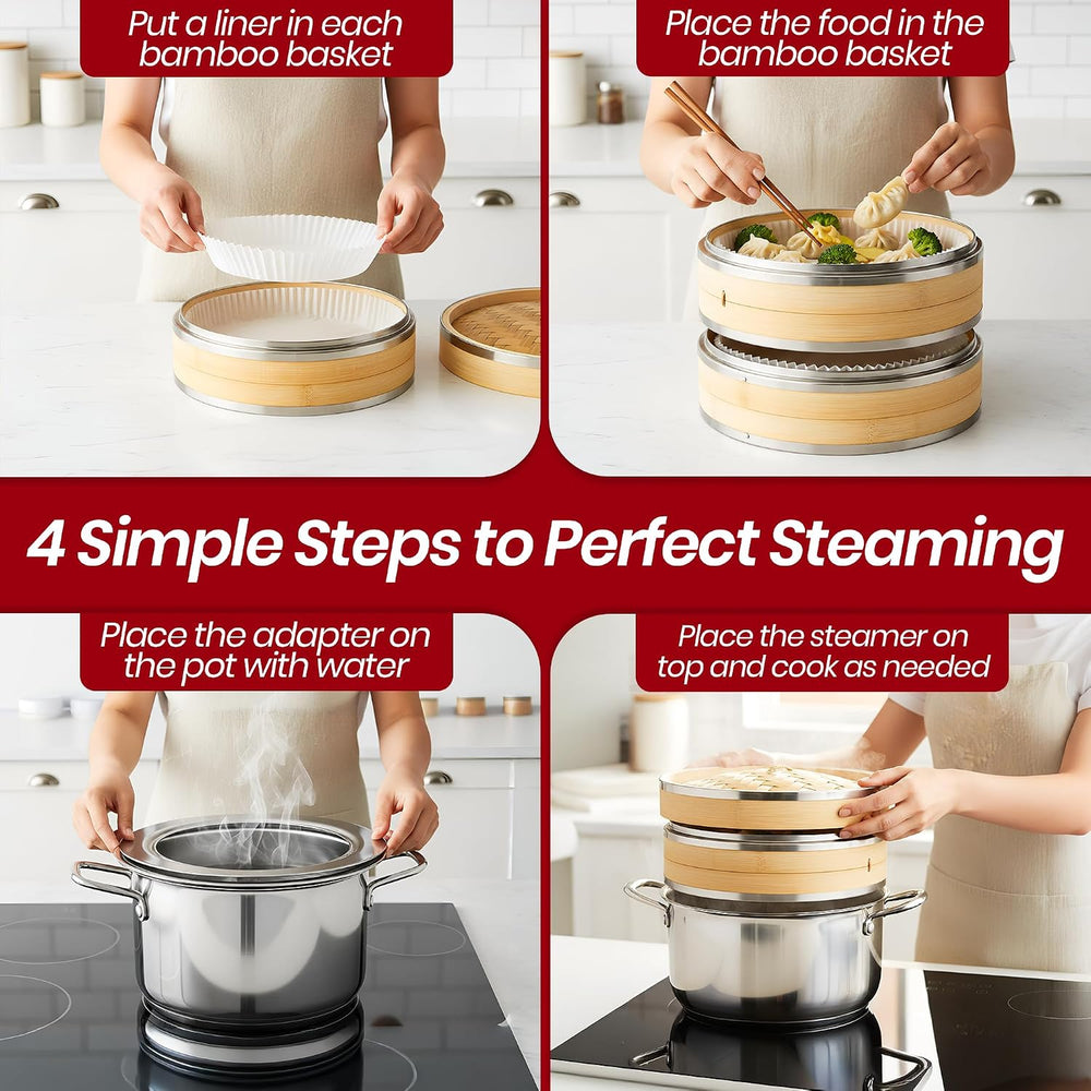 Bamboo Steamer Basket 10 Inch 2 Tier Set for Cooking | Dumpling Steamer Baske...