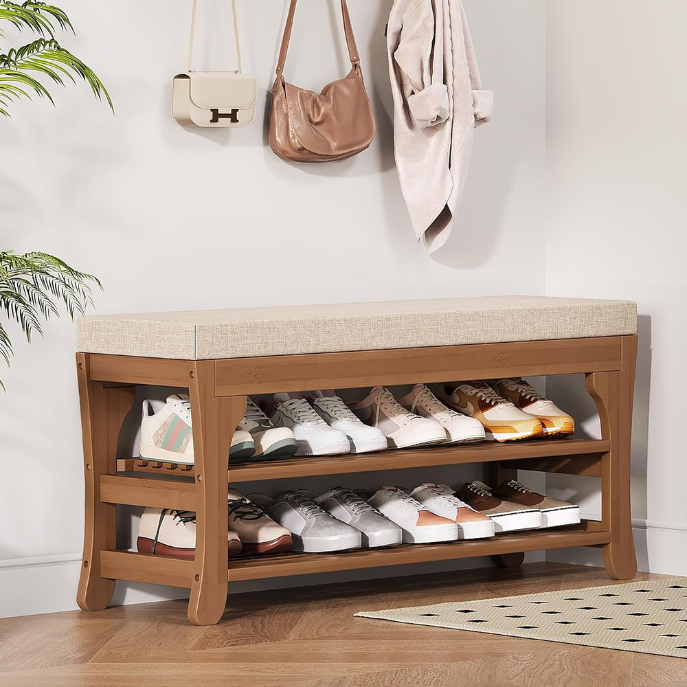 PETKABOO 39.4" Shoe Storage Bench with Cushion, Bamboo Shoe Rack Bench, ...