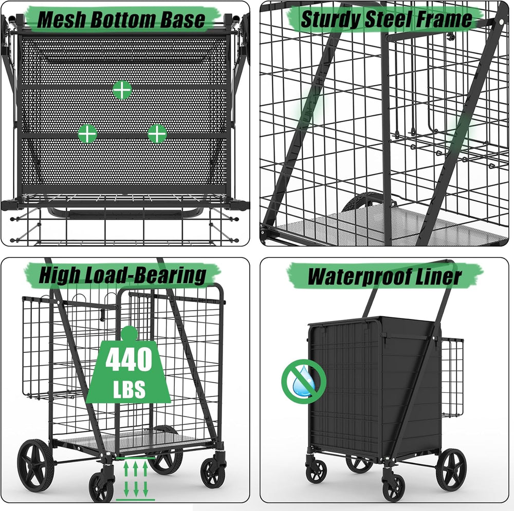 Heavy Duty Folding Shopping Cart with 360° Swivel Wheels, Super Jumbo
