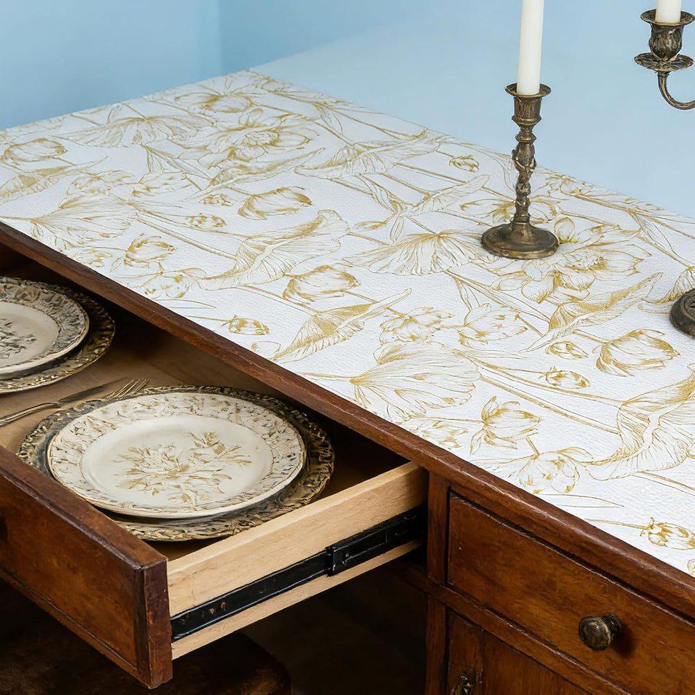 Shelf Liners Thickened Non-Slip Non Adhesive Light Base Gold Lotus Pattern