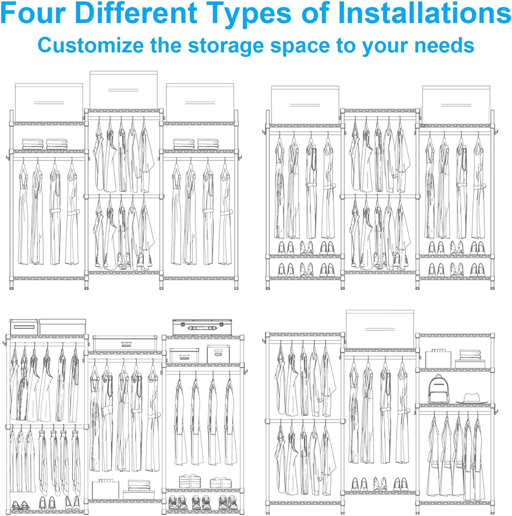 Ulif E13 Heavy Duty Clothes Rack（With 4 Hanger Rods & 8 Shelves） Freestan...