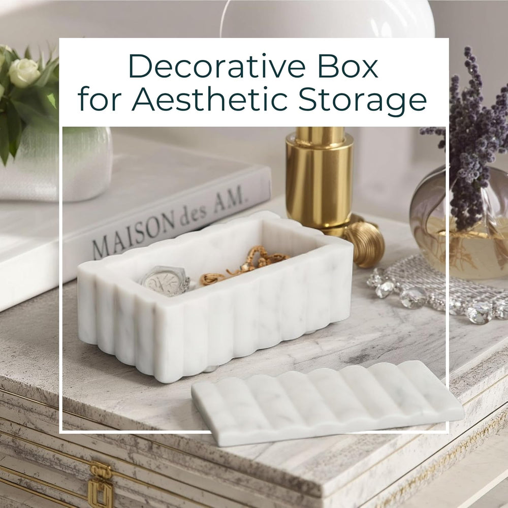 Marble Decorative Storage Box with Lid – Sculpted Fluted Home Organizer Keeps...