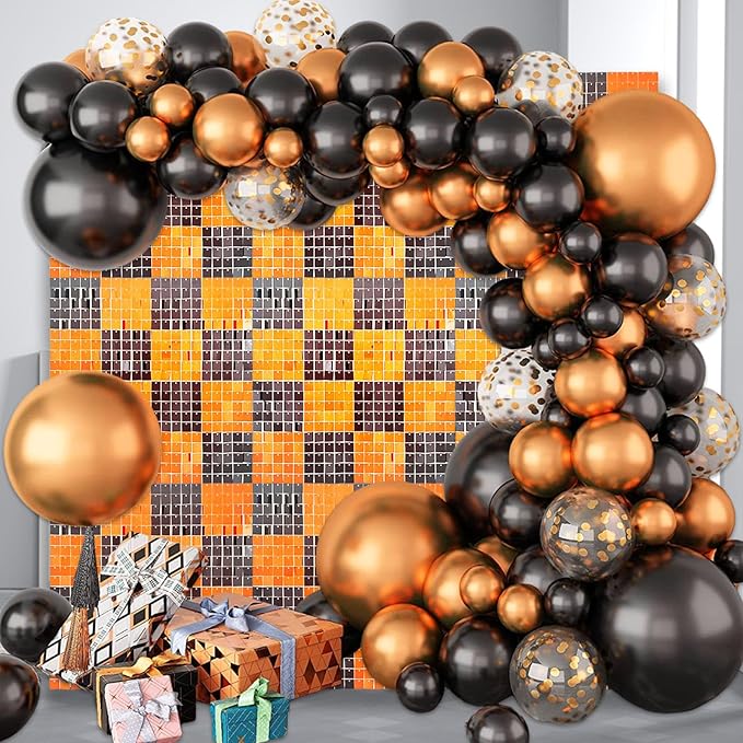 12PCS Black Orange Shimmer Wall Backdrop, Square Sequin Photo Backdrops Panel...