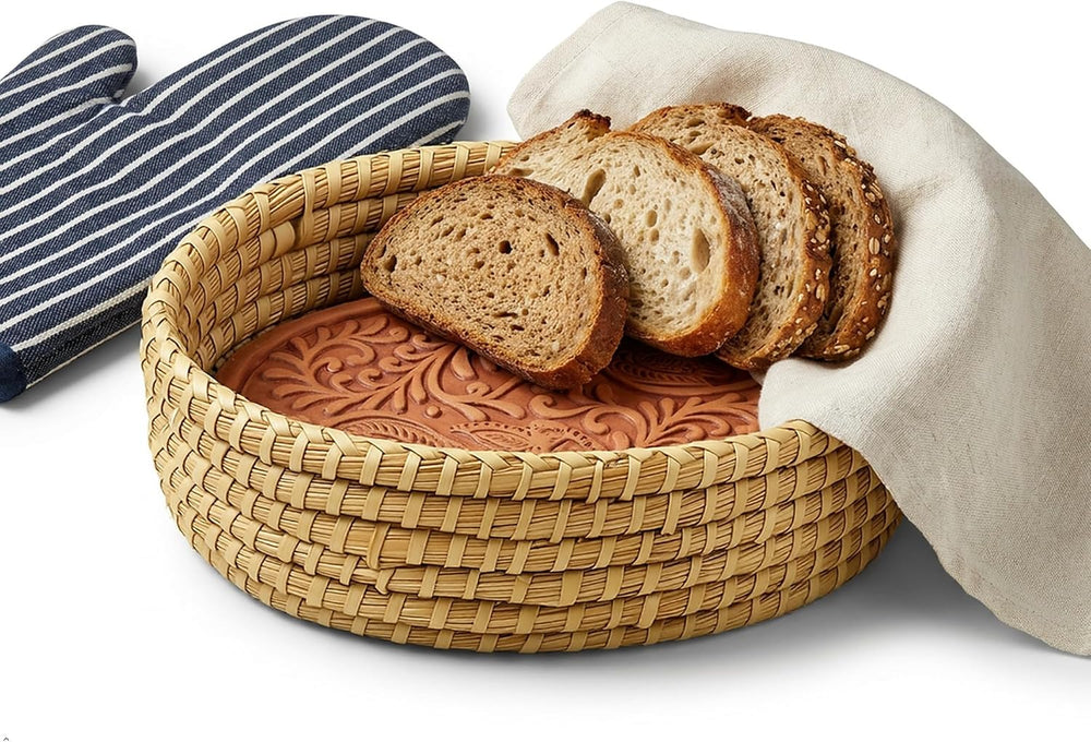 Oval Bread Warmer Basket with Terracotta Stone – Handwoven Bread Baskets for ...