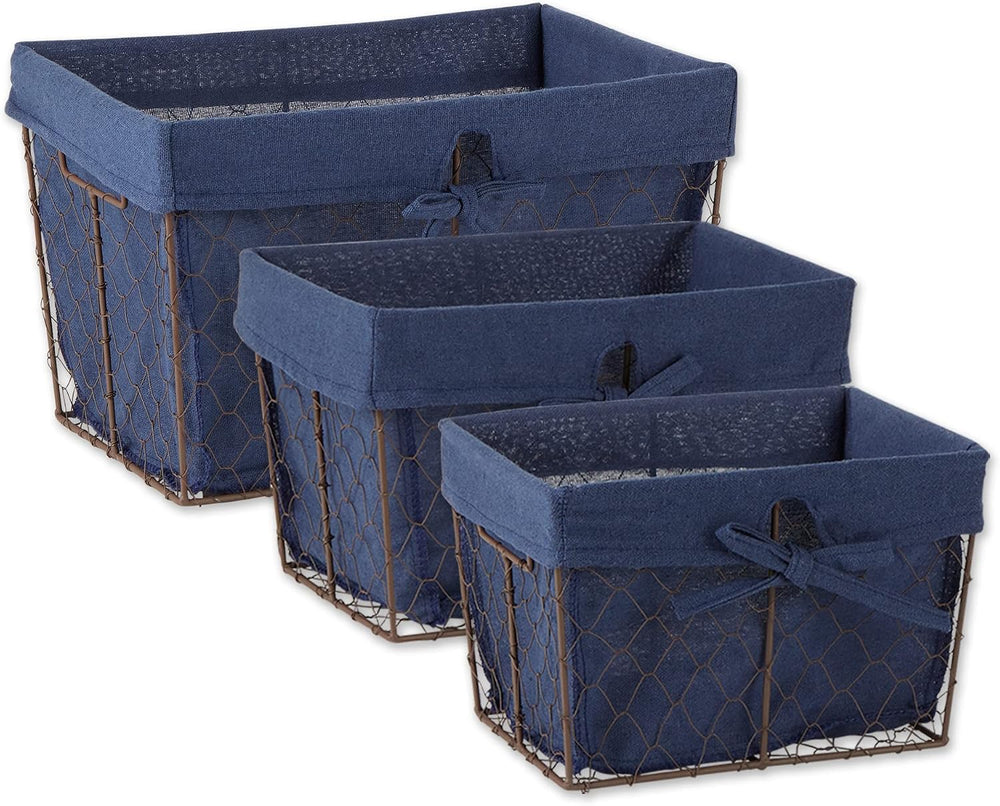 DII Farmhouse Chicken Wire Storage Baskets with Liner, Set of 3, French Blue,...