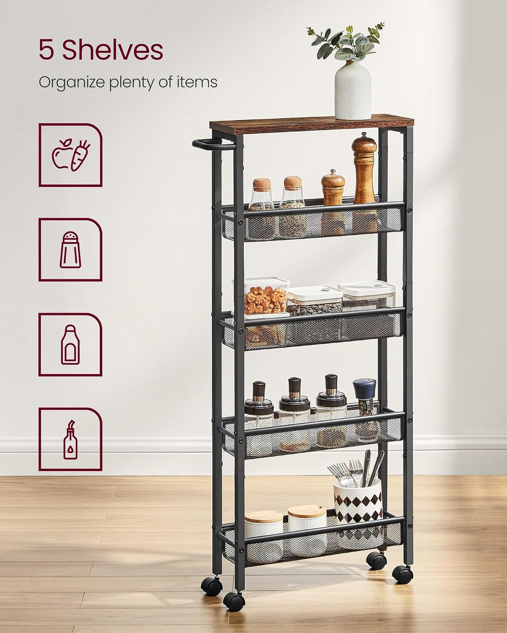 VASAGLE 5-Tier Slim Rolling Storage cart with Wheels, 5.1 Inches, Metal