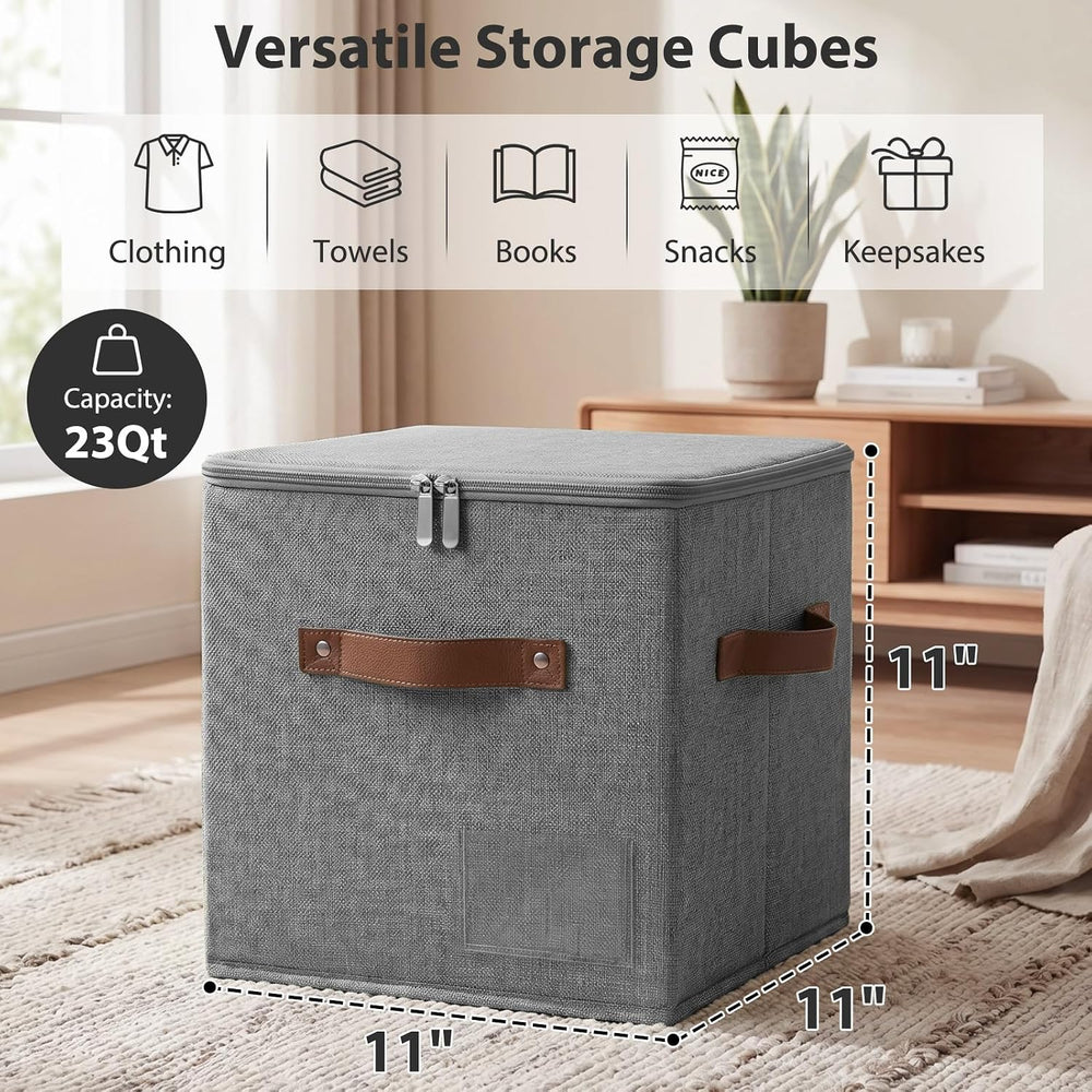 ANMINY 11 Inch Fabric Storage Cubes Bins with Zipper Lid, Gray, 4PCS