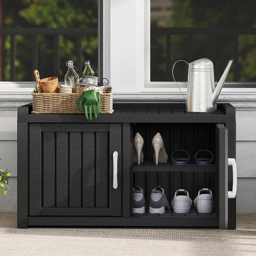 2-Tier Storage Bench, Waterproof UV-Resistant Outdoor Shoe Storage Cabinet wi...