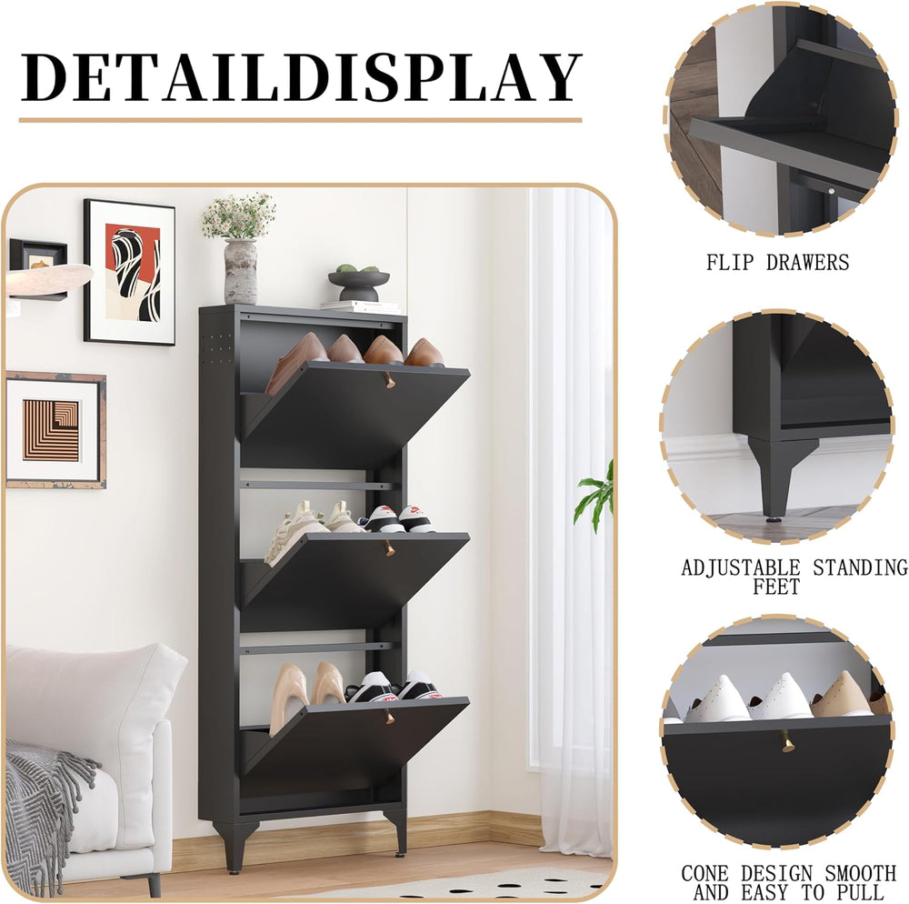 Shoe Storage Cabinet for Entryway with 3 Flip Drawers, Freestanding Shoe Orga...