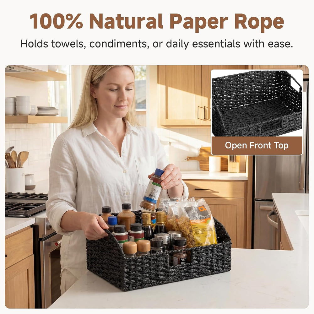 StorageWorks Pantry Baskets, Black Wicker Baskets with Handles, 2-Pack
