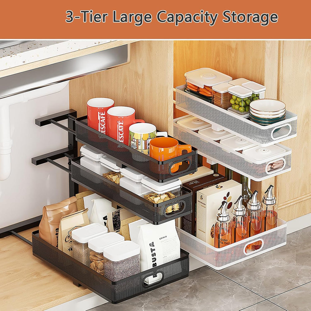 Under Sink Organizer, 2-Pack 3-tier Under Sink Storage Organizer Adjustable H...