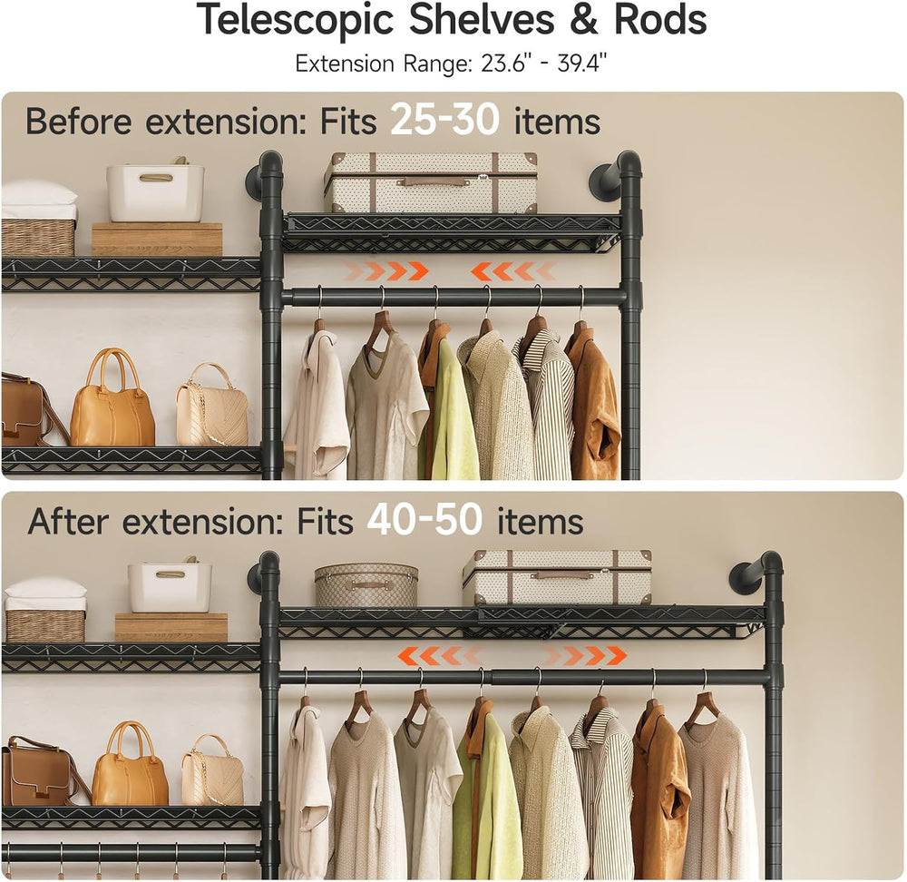 ONBRILL H2 Plus Expandable Wall Mounted Closet System Clothes Rack Black