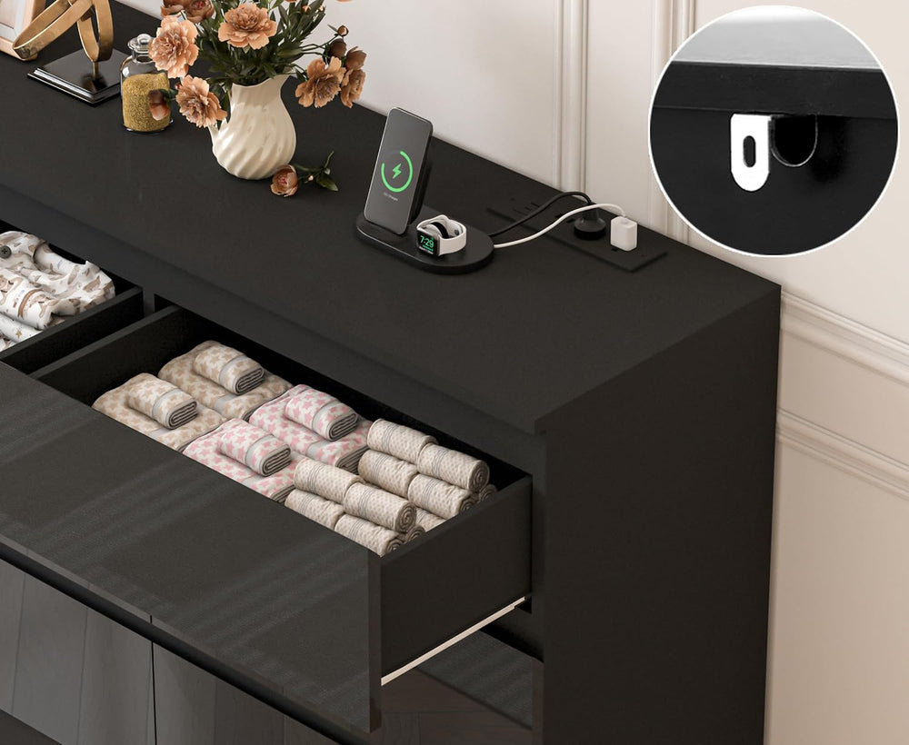 JassmiPkwy 70 INCH 9 Drawers Dresser with Power Outlet, Wide High Gloss Chest...